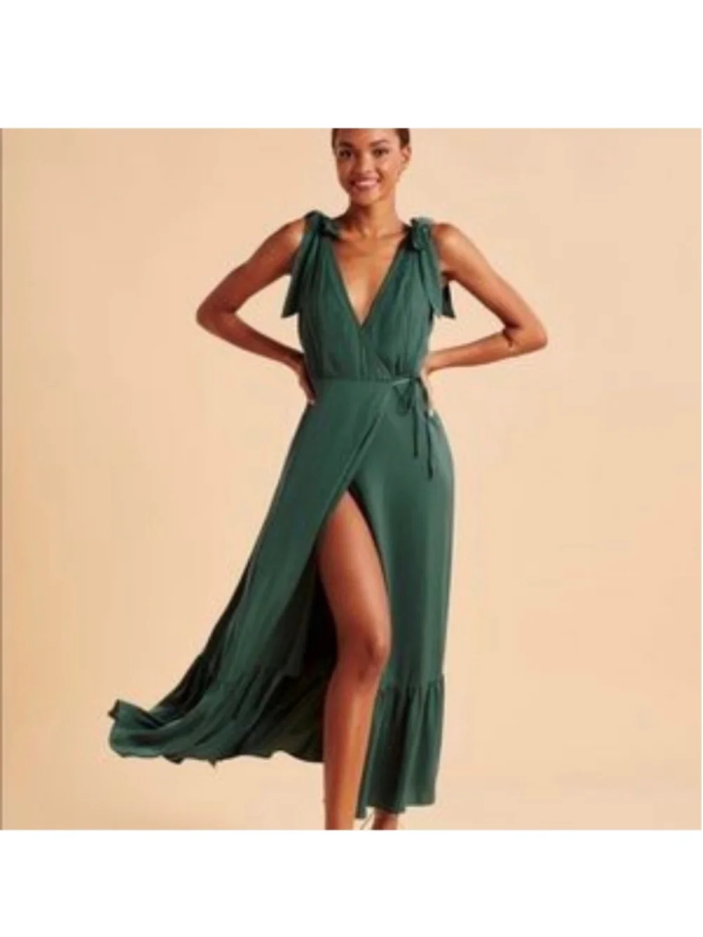 Abercrombie & Fitch Emerald Green Tie-Shoulder Wrap Maxi Dress | Open Back | LG